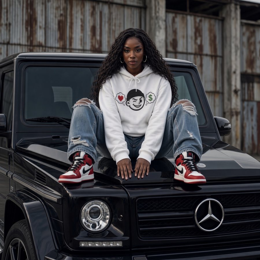 A woman in a white Wink Hoodie, ripped jeans and red sneakers sitting on the hood of a black SUV