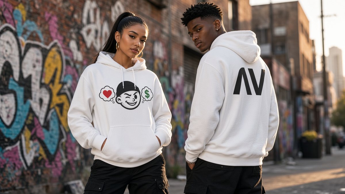 A woman and a man in white Wink Hoodies by a graffiti wall, his back turned to show the black NV logo